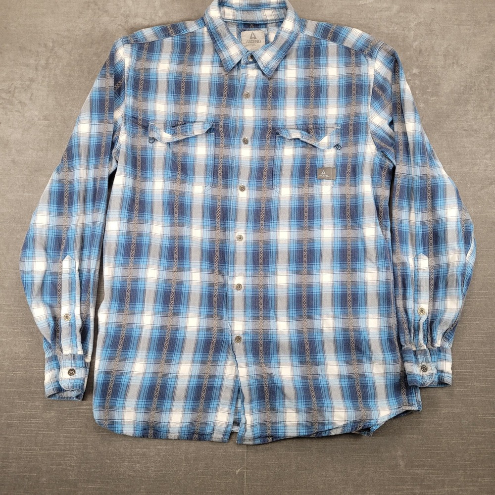 Ascend Mens Large Blue Plaid‎ Flannel Button Up Shirt Southwestern Geometric